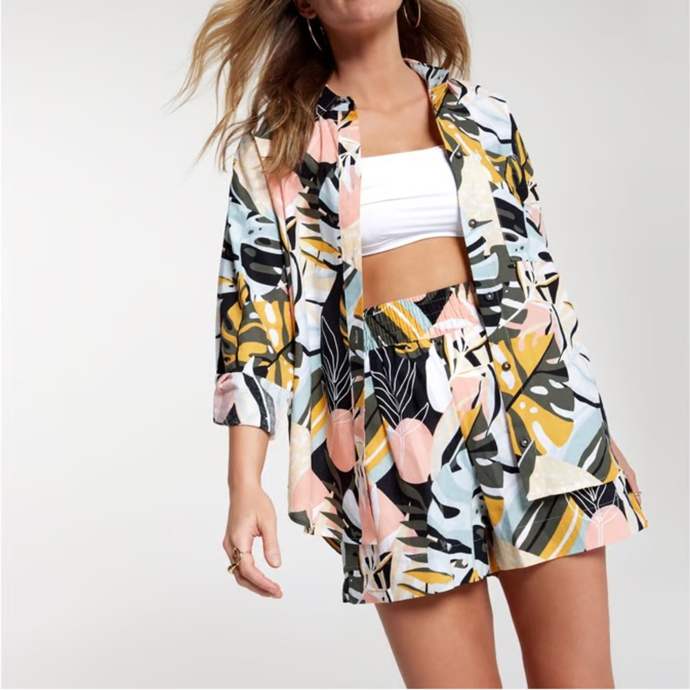 Size Small CALIA Oversized Button Down Multi Palm Swimsuit Cover-up